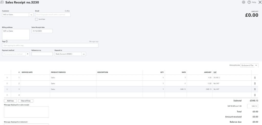 VAT only sales receipt